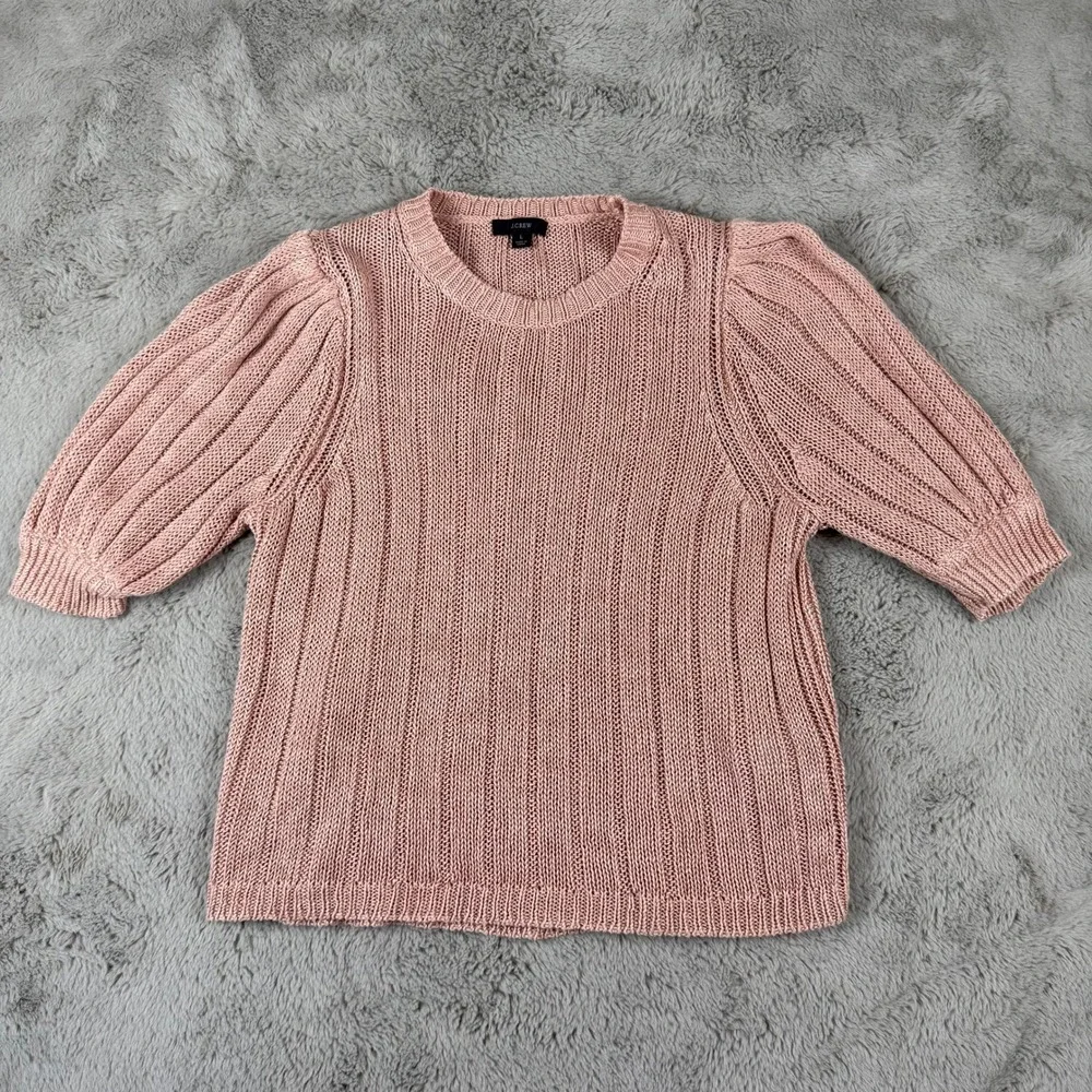 J.Crew Linen Knit Top Puff Sleeve Ribbed Crewneck Sweater Salmon Pink L